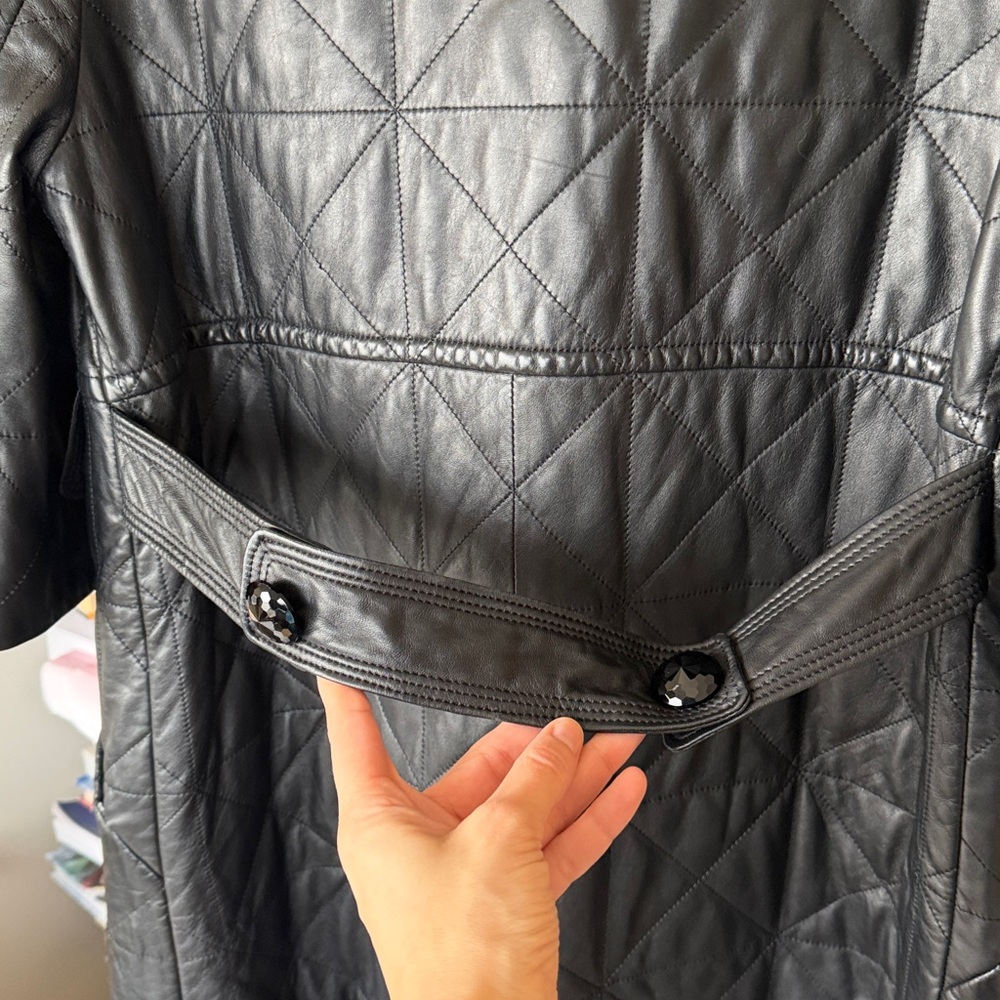 Women Sheep Leather Black Quilted Coat with Real Fur Collar size M - Picture 10 of 12